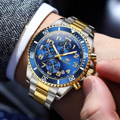 HOTOLEVS Mens Watches Chronograph Luxury Dress Moon Phase Two Tone Stainless Steel Waterproof Luminous Business Calendar Wrist Watch