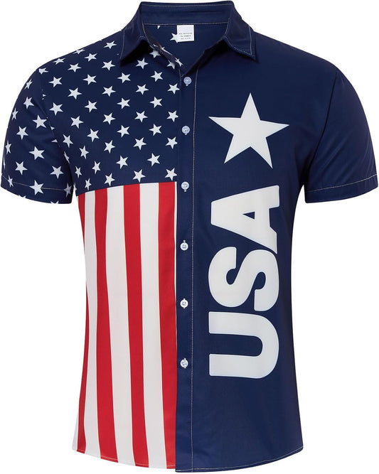 HOTuideazone Mens 4th of July American Flag Patriotic Shirt M-XXL | USA Short Sleeve Button Up Shirt for Independence Day, Memorial Days, Flag Day, 4th of July Parties, Beach Trips and Daily