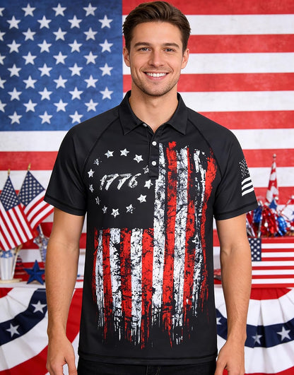 HOTRAISEVERN Mens American Flag Print Golf Polo Shirt Patriotic Raglan Sleeve Tees