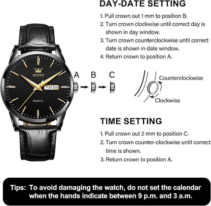 HOTQBAIZI Men's Casual Leather Watch, Easy to Read Three-Hand Analog Stainless Steel Watches for Men, Minimalist Day Date Waterproof Luminous Mens Quartz Wristwatch
