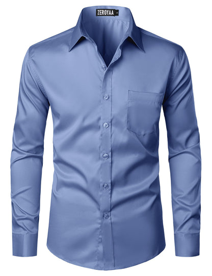 HOTZEROYAA Men's Urban Stylish Casual Business Slim Fit Long Sleeve Button Up Dress Shirt with Pocket
