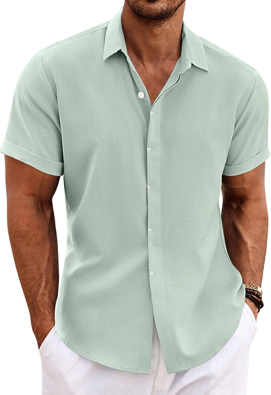 HOTCOOFANDY Men's Linen Shirts Short Sleeve Casual Shirts Button Down Shirt for Men Beach Summer Wedding Shirt