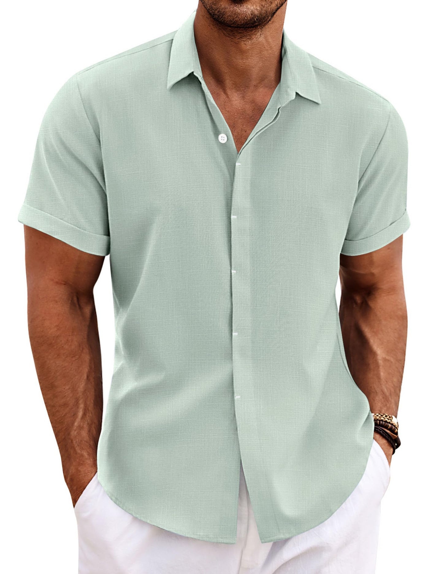 HOTCOOFANDY Men's Linen Shirts Short Sleeve Casual Shirts Button Down Shirt for Men Beach Summer Wedding Shirt