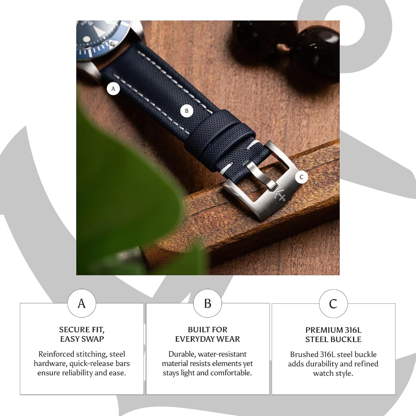 HOTAnchor Strap Co | Classic Sailcloth Watch Strap | Marine-Grade Outer + Caoutchouc Rubber Lining | Water-Resistant | Brushed 316L Stainless Steel Buckle | Fits 6.25–8.25in Wrists