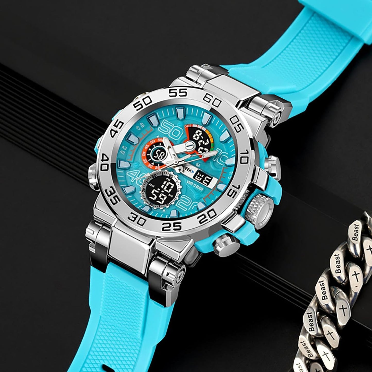 HOTfindtime Mens Watches Sports Outdoor Watch for Men Designer Large Face Military Men's Wristwatches with Date Week Alarm LED Waterproof Stopwatch