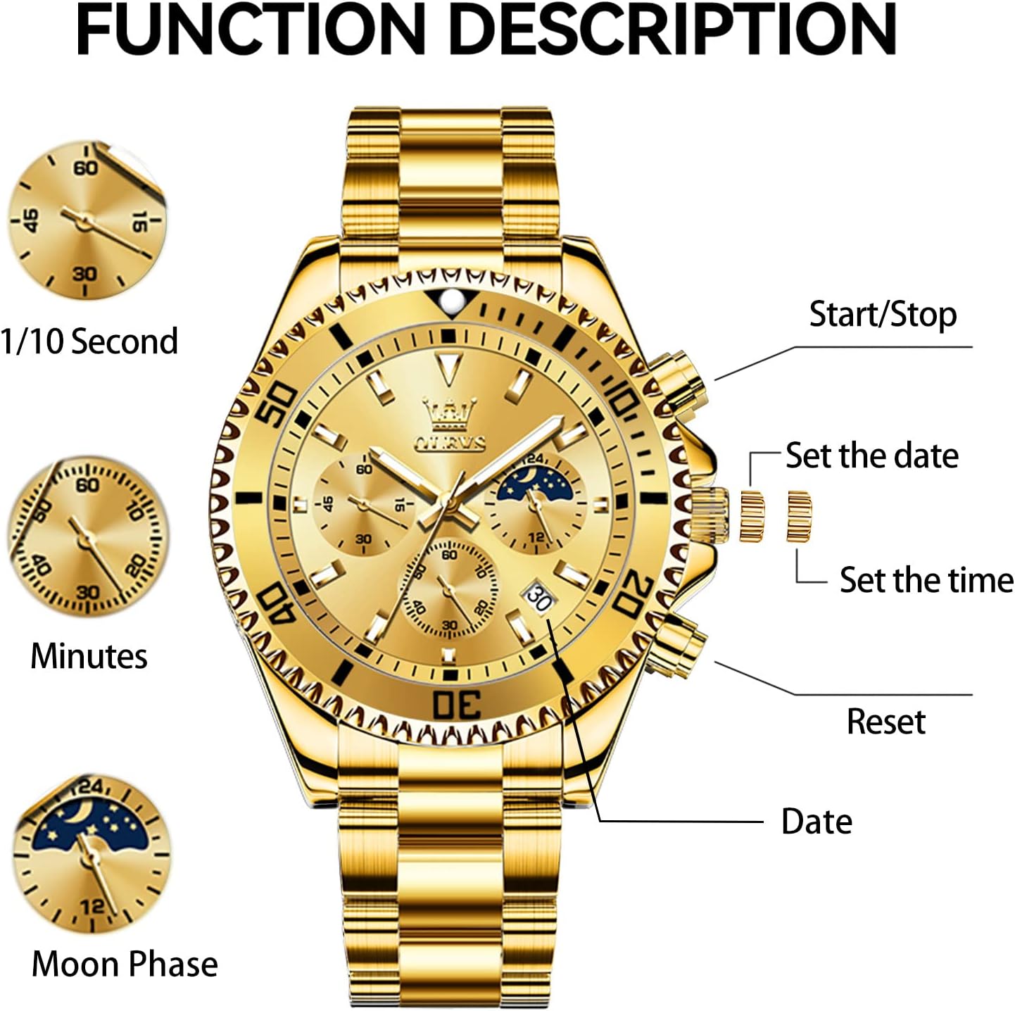 HOTOLEVS Mens Stainless Steel Watch Fashion Luxury Big Face Analog Waterproof
