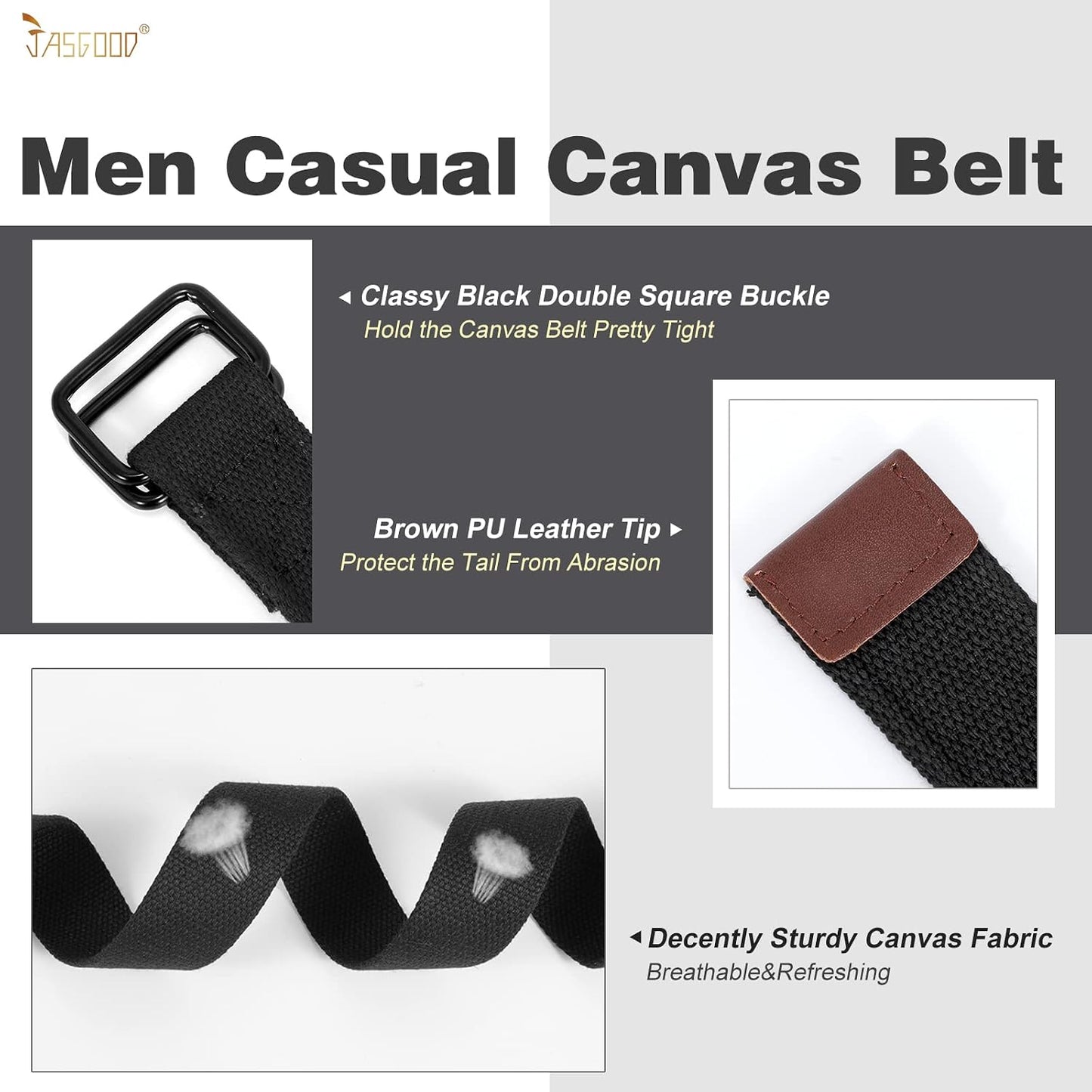 HOTJASGOOD Men Canvas Fabric Belts Casual Web Cloth Belts with Black Double Ring Buckle 2 Pack