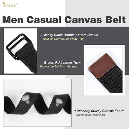 HOTJASGOOD Men Canvas Fabric Belts Casual Web Cloth Belts with Black Double Ring Buckle 2 Pack