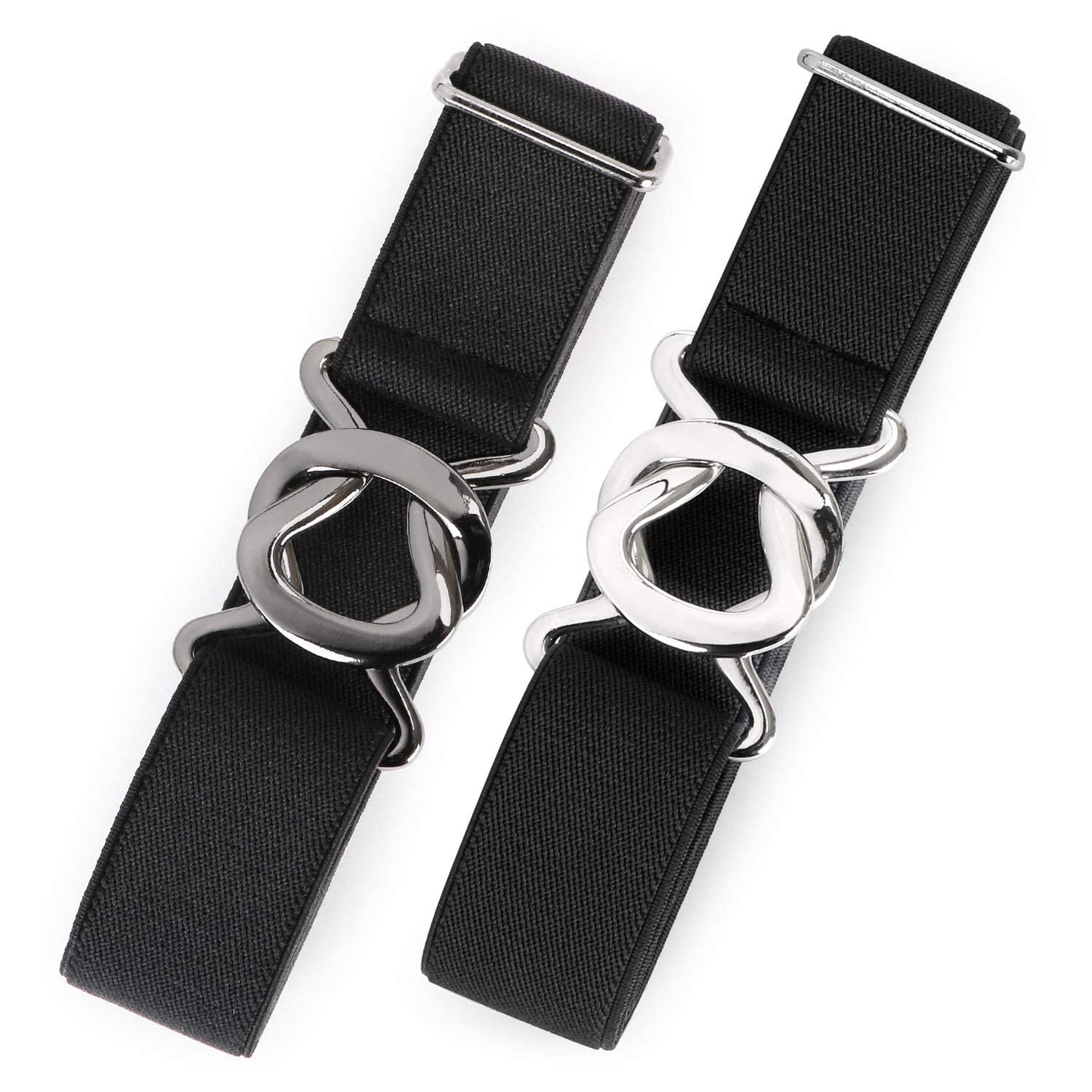 HOTJASGOOD Women No Show Stretch Belt 2 Pack Adjustable Elastic Web Belt with Flat Buckle for Jeans Pants Casual Belts