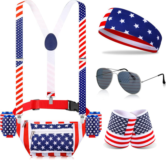 HOTTallew 9 Pcs 4th of July Fanny Pack American Flag Overalls 250 Years Patriotic American Flag Fanny Pack Beer Belt Suspenders Drink Holder Headband Wristband(Classic Style)