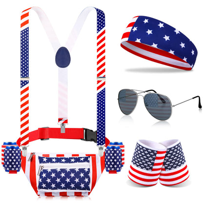 HOTTallew 9 Pcs 4th of July Fanny Pack American Flag Overalls 250 Years Patriotic American Flag Fanny Pack Beer Belt Suspenders Drink Holder Headband Wristband(Classic Style)