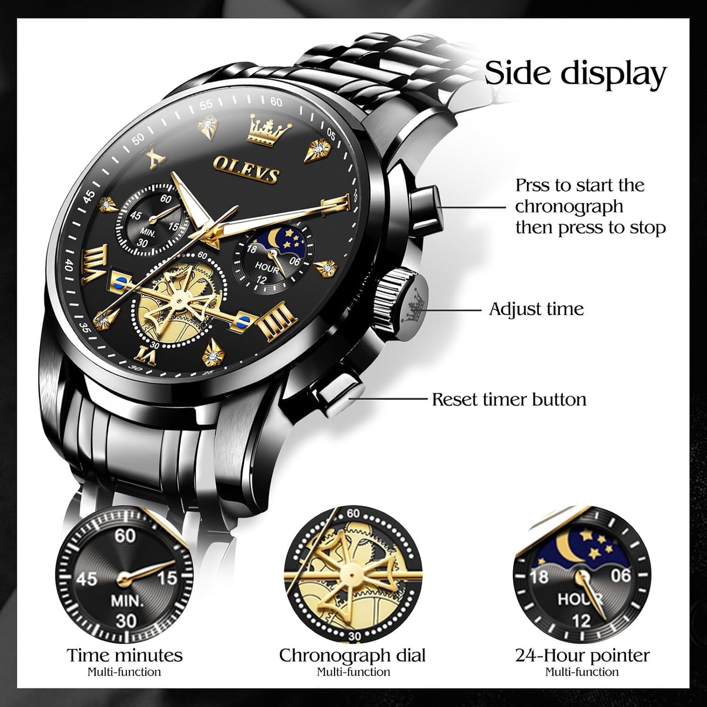 HOTOLEVS Mens Watches Chronograph Watch Luxury Dress Stainless Steel Waterproof Watches for Men Moon Phase Luminous Business Calendar Wrist Watch Blue/Black/Green/Gold/Face