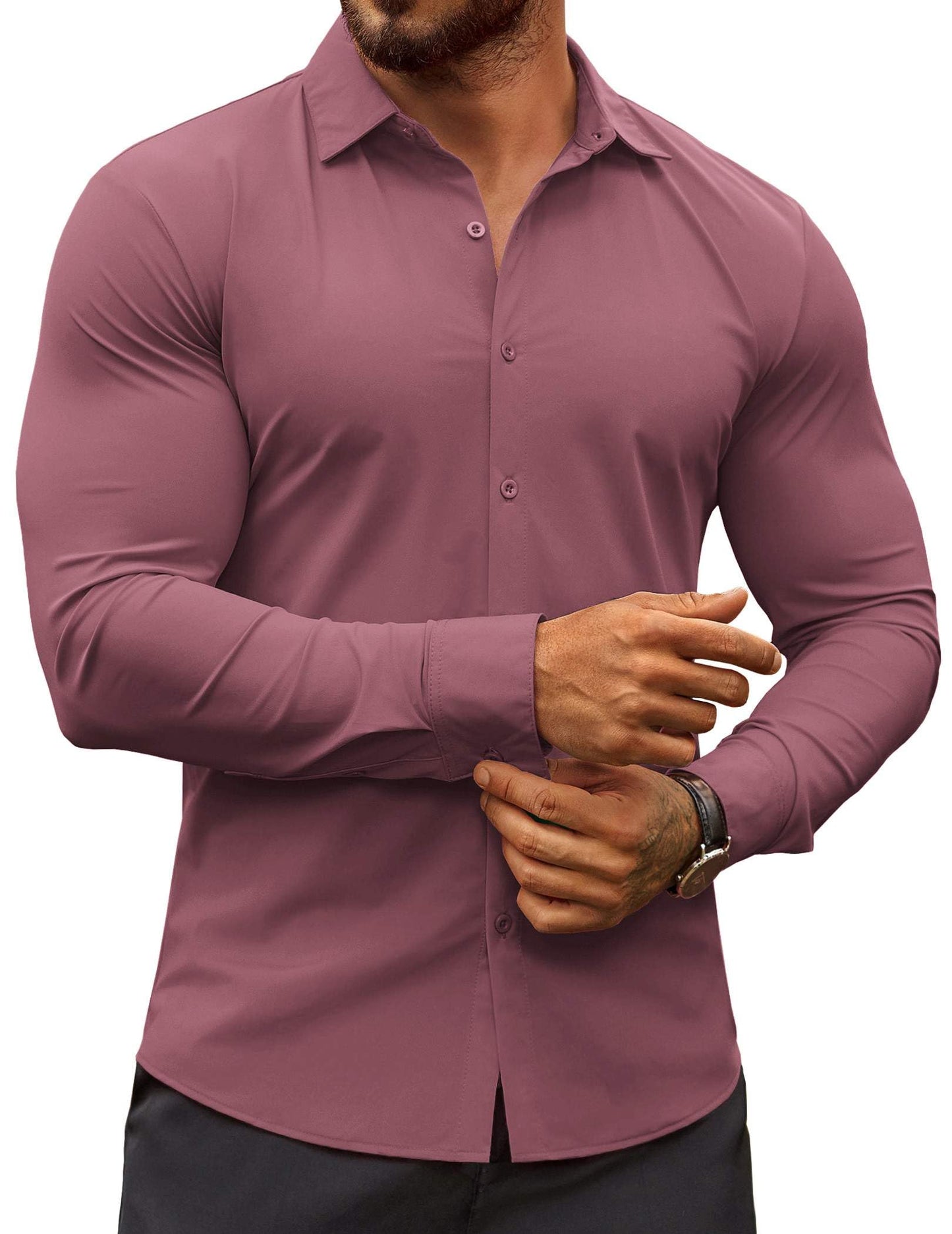 HOTCOOFANDY Men's Muscle Fit Dress Shirts Wrinkle-Free Long Sleeve Casual Button Down Shirts