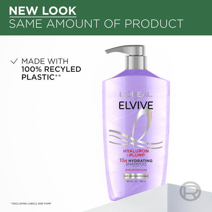 HOTL'Oreal Paris Elvive Hyaluron Plump Shampoo and Conditioner Set for Dry, Dehydrated Hair, 72H Hydrating Hair Care, Infused with Hyaluronic Acid Complex, 53 Fl Oz Set