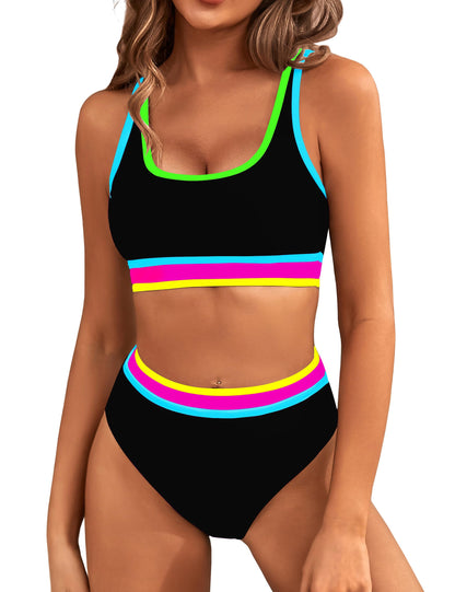 HOTBMJL Women's High Waisted Bikini Sets Sporty Two Piece Swimsuits Color Block Tummy Control Modest Bathing Suit