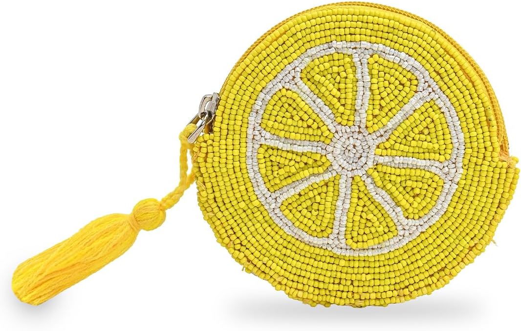 HOTAmerica & Beyond Hand-Beaded Lime Citrus Coin Pouch Mini Zip Pouch with Tassel, 5" x 3.5"