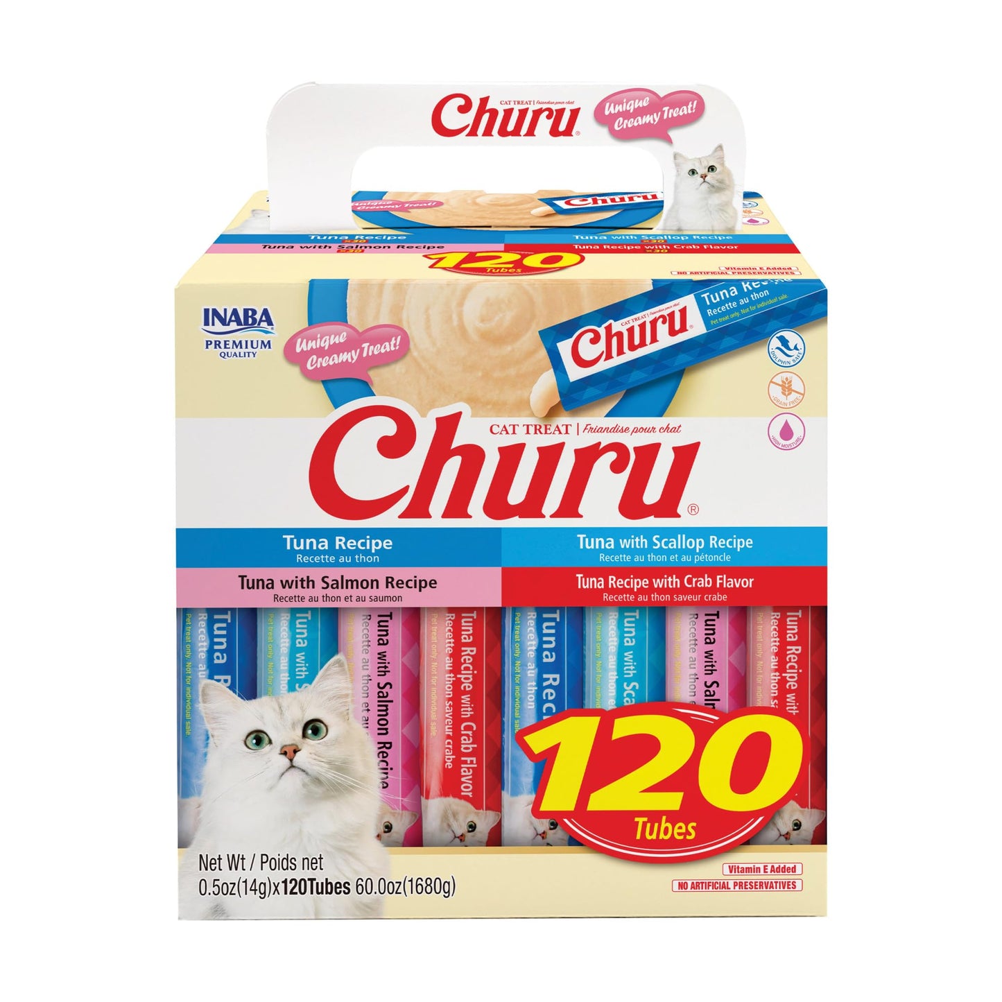 HOTINABA Churu Cat Treats, Lickable, Squeezable Creamy Purée with Vitamin E, 0.5 Ounces per Tube, 100 Tubes Total, Tuna Variety