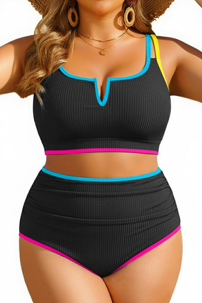 HOTWomen Plus Size High Waisted Bikini Ribbed Two Piece Tummy Control Swimsuit | V-Wired Bathing Suit, Adjustable Straps, Full Coverage, Full Lining