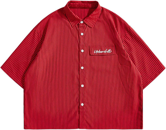 HOTGORGLITTER Men's Striped Button Down Up Cropped T Shirt Short Sleeve Letter Summer Vacation Shirts Boxy Tees Streetwear | Vintage Gingham Shirt, Drop Shoulder Crop Top, Y2K Streetwear, Summer Vacation Clothes