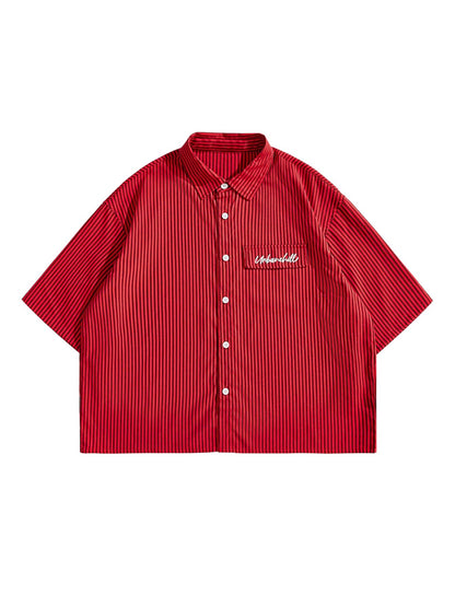 HOTGORGLITTER Men's Striped Button Down Up Cropped T Shirt Short Sleeve Letter Summer Vacation Shirts Boxy Tees Streetwear | Vintage Gingham Shirt, Drop Shoulder Crop Top, Y2K Streetwear, Summer Vacation Clothes