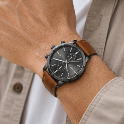 HOTBUREI Men's Leather Watches Chronograph Quartz Watches for Men Classic Cool Lightweight Wristwatch,Gift for Dad Husband Boyfriend