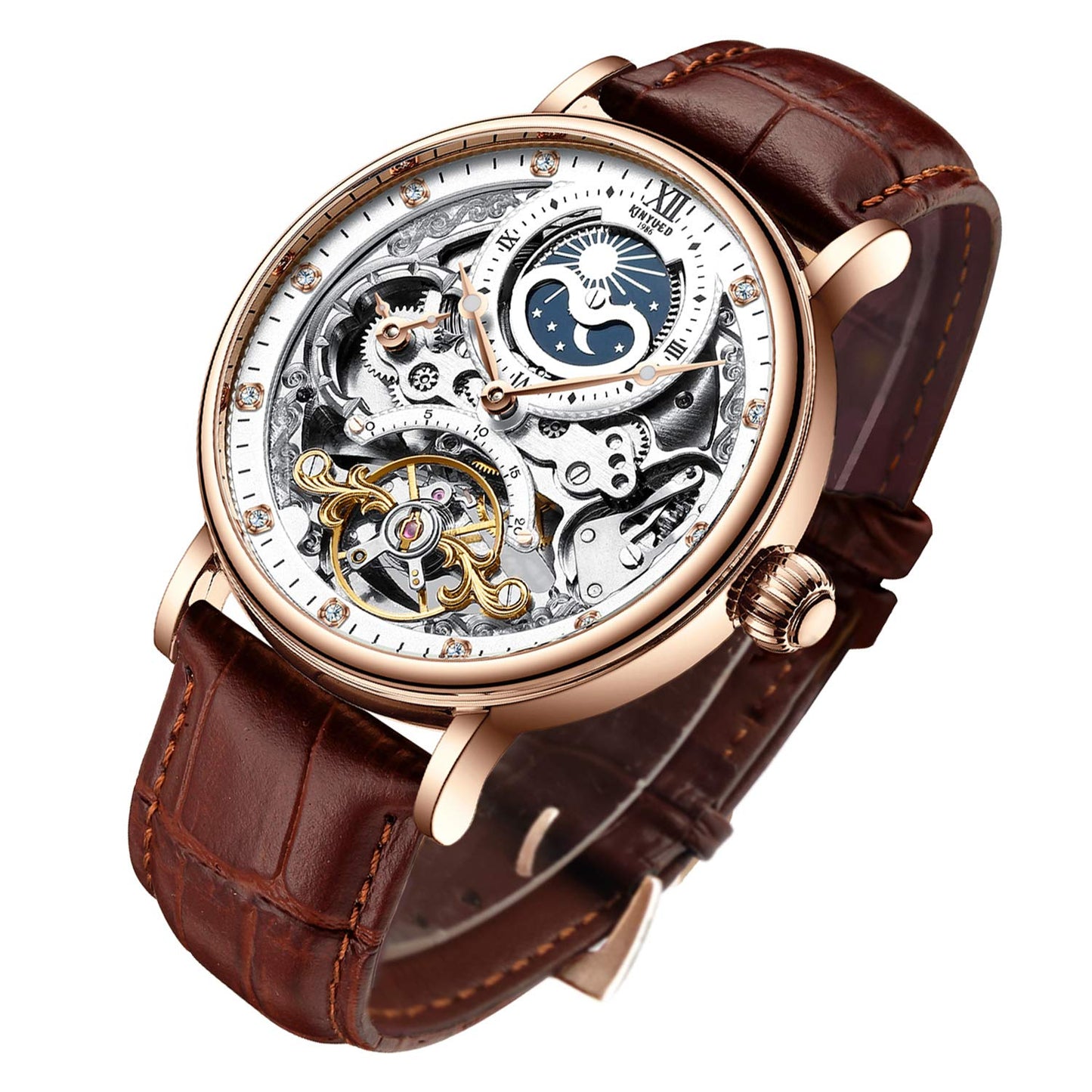 HOTIK COLOURING Bestn Mens Luxury Skeleton Automatic Mechanical Wrist Watches Leather Moon Phrase Luminous Hands Self-Wind Watch