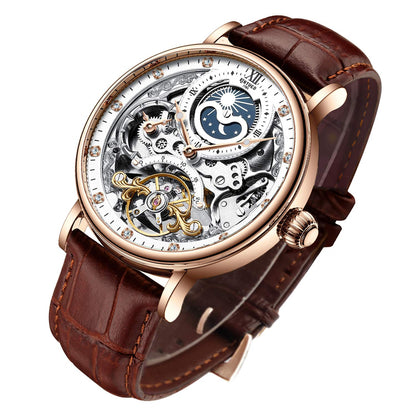 HOTIK COLOURING Bestn Mens Luxury Skeleton Automatic Mechanical Wrist Watches Leather Moon Phrase Luminous Hands Self-Wind Watch