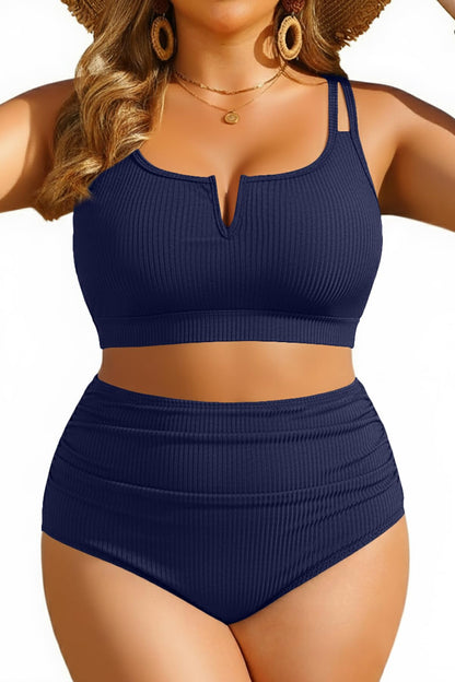 HOTWomen Plus Size High Waisted Bikini Ribbed Two Piece Tummy Control Swimsuit | V-Wired Bathing Suit, Adjustable Straps, Full Coverage, Full Lining
