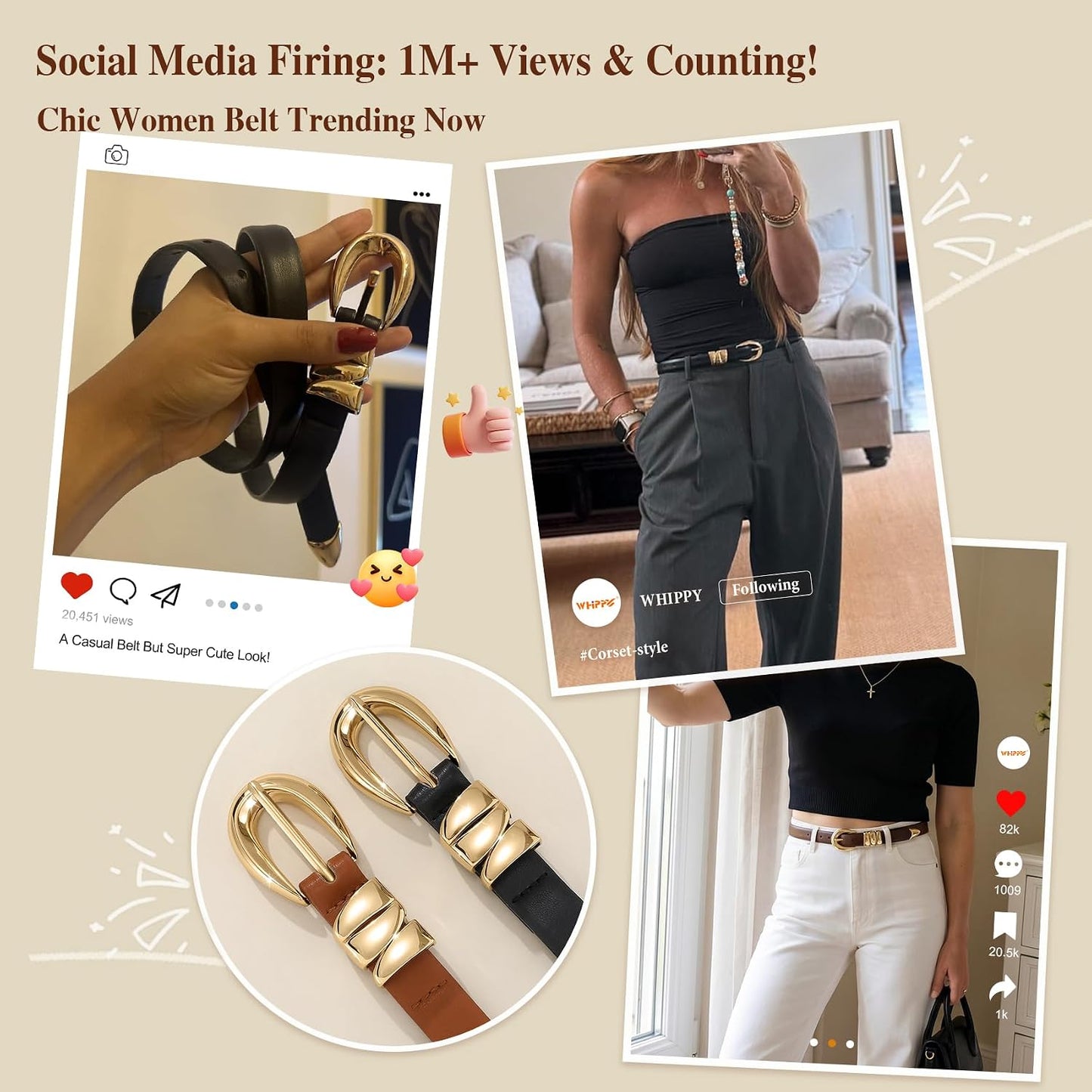 HOTWHIPPY Women Skinny Leather Belt for Jeans Pants Dresses Ladies Fashion Waist Belt with Shiny Gold Buckle