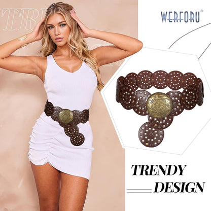 HOTWERFORU Women Vintage Leather Belt Western Disc Waist Belts Ladies Western Belt Boho Belt for Dress Jean-