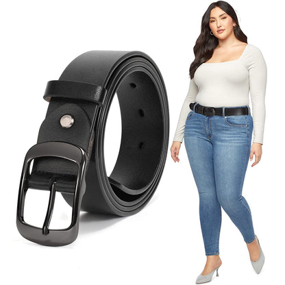 HOTJASGOOD Plus Size Women Leather Belt Black Casual Waist Belt for Jeans Pants with Metal Pin Buckle