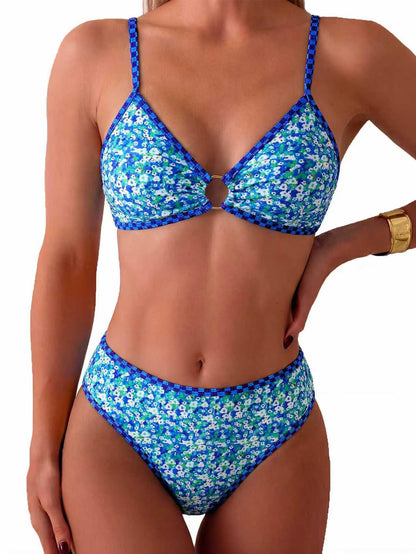 HOTTainehs Women's Two Piece Bikini Sets O Ring Front Top Ditsy Floral Triangle Swimsuits Cheeky Bathing Suit