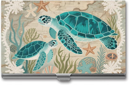 HOTBusiness Card Holder Case Slim, Aluminum Alloy, Credit Card Organizer Nautical Green Sea Turtles Beach for Men Women