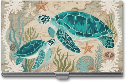HOTBusiness Card Holder Case Slim, Aluminum Alloy, Credit Card Organizer Nautical Green Sea Turtles Beach for Men Women