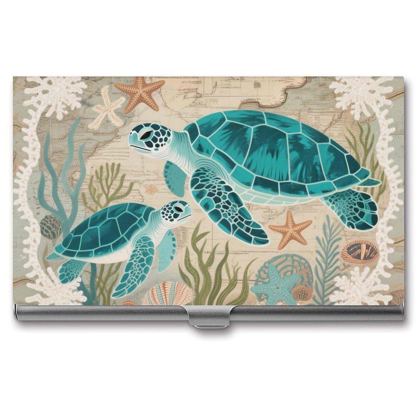 HOTBusiness Card Holder Case Slim, Aluminum Alloy, Credit Card Organizer Nautical Green Sea Turtles Beach for Men Women