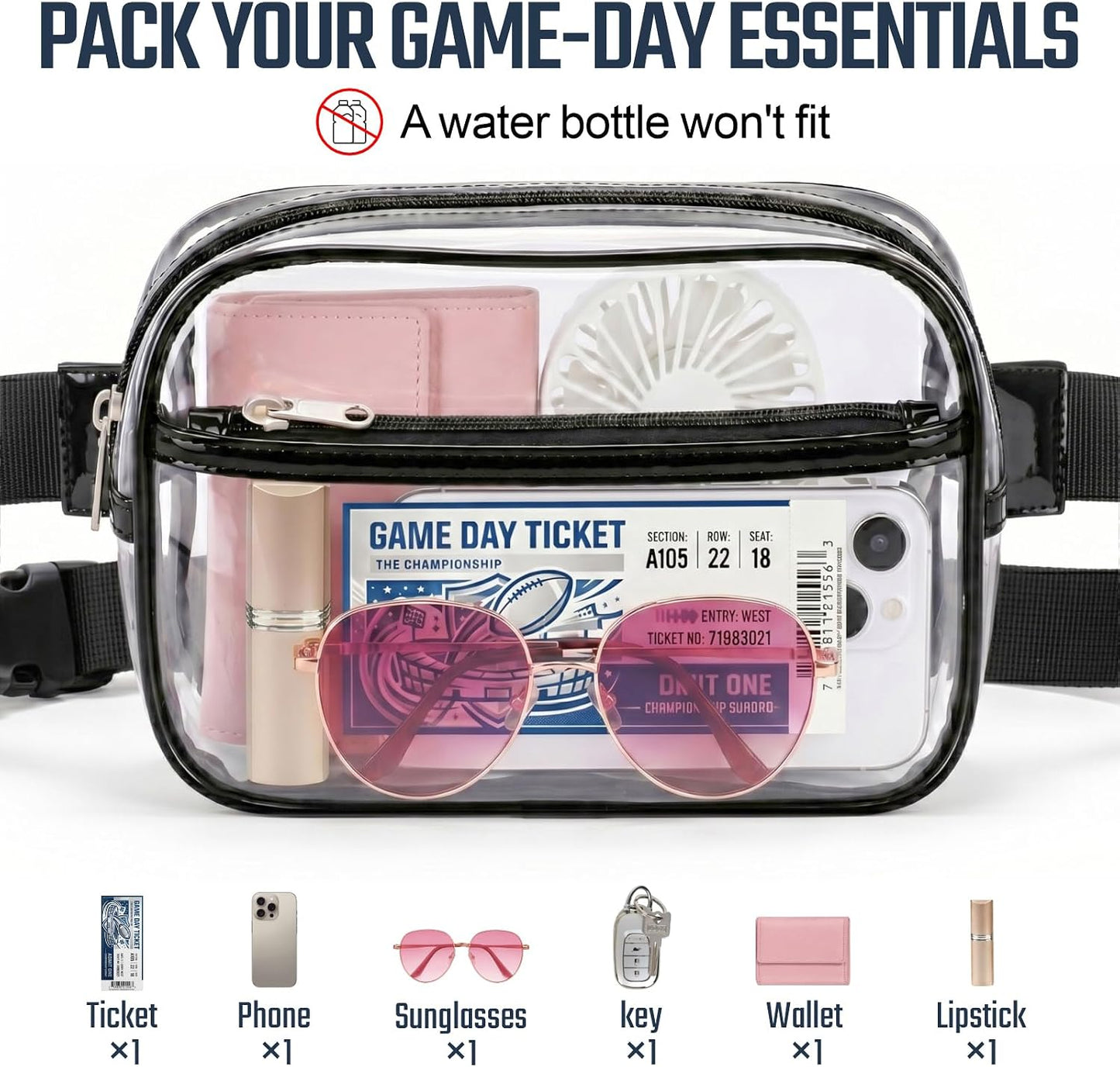HOTPackism Clear Fanny Pack Stadium Approved - Large Size 35-51 inches Adjustable Strap Clear Belt Bag for Women Men Transparent Waist Bag for Concerts, Sporting Events, Black | Adjustable 35-51 in Strap, Hands-Free, 2 Easy-Access Pockets, Water-Resistant
