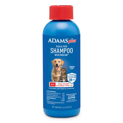 HOTADAMS Plus Flea & Tick Shampoo with Precor for Dogs, Cats, Puppies & Kittens, Flea Shampoo to Treat Infestations, Kills Ticks, Fleas, Flea Eggs & Lice, Cleans and Conditions Coat, 12 Ounces