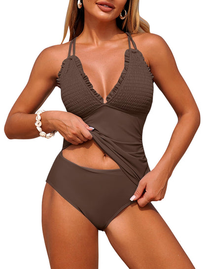 HOTZAFUL Womens Tankini Swimsuits Smocked 2 Piece Bathing Suits Modest Tie Back Swimwear