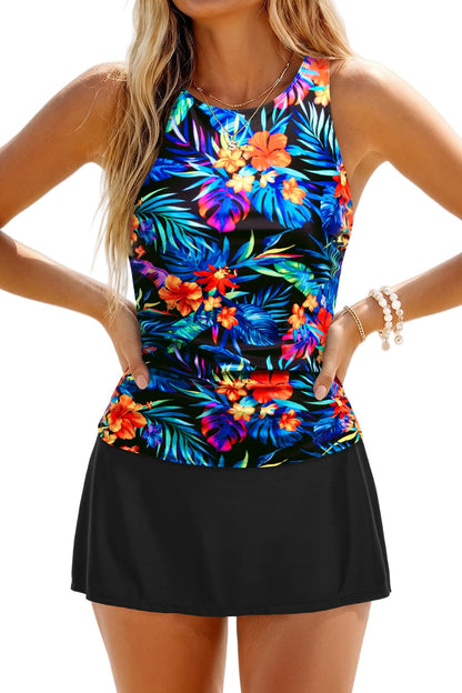 HOTDaci Womens Tankini Swimsuits with Skirt Tummy Control Swimwear | High Neck, Ruched Detail, Full Coverage, Removable Pads, High Waisted Skirt, Soft Built-in Brief, Beach and Resort