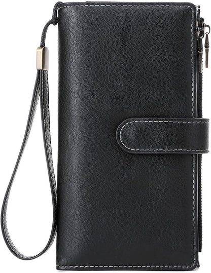 HOTRFID Blocking PU Leather Wallet for Women - Slim Bifold with 16 Card Slots & Zipper Pocket, Compact Designer Purse with Smooth Double Zipper Design