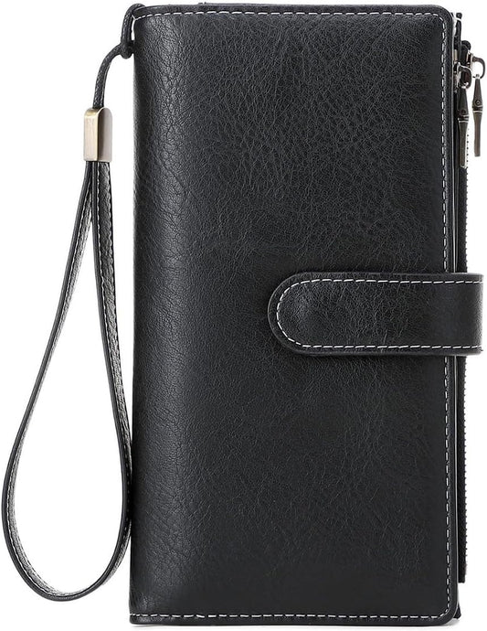 HOTRFID Blocking PU Leather Wallet for Women - Slim Bifold with 16 Card Slots & Zipper Pocket, Compact Designer Purse with Smooth Double Zipper Design