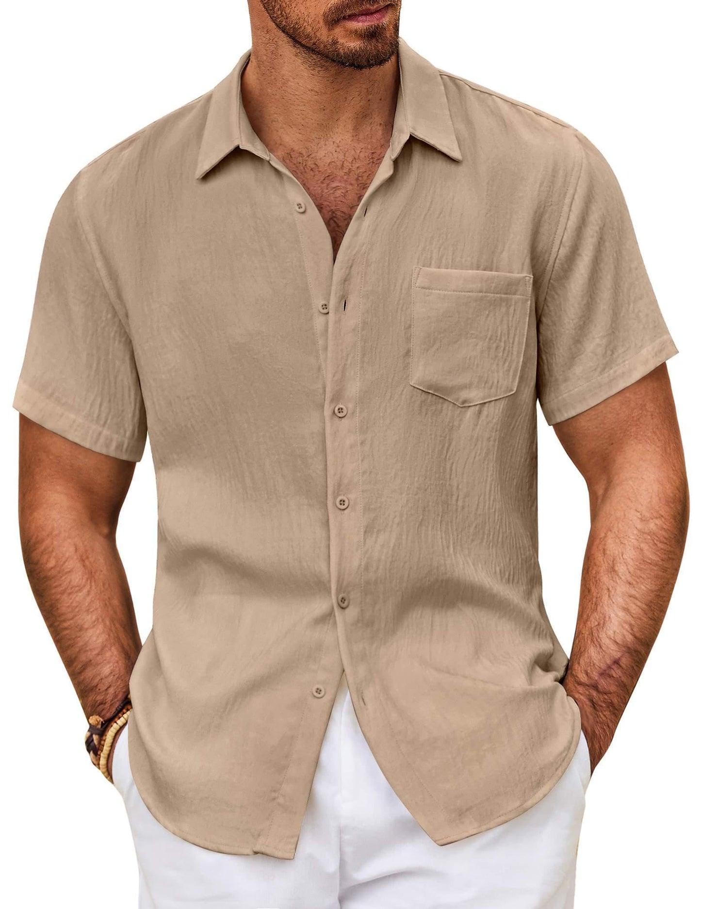 HOTCOOFANDY Mens Button Down Short Sleeve Shirt Casual Shirts Summer Beach Textured Shirts with Pocket