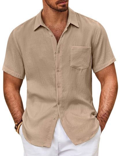 HOTCOOFANDY Mens Button Down Short Sleeve Shirt Casual Shirts Summer Beach Textured Shirts with Pocket