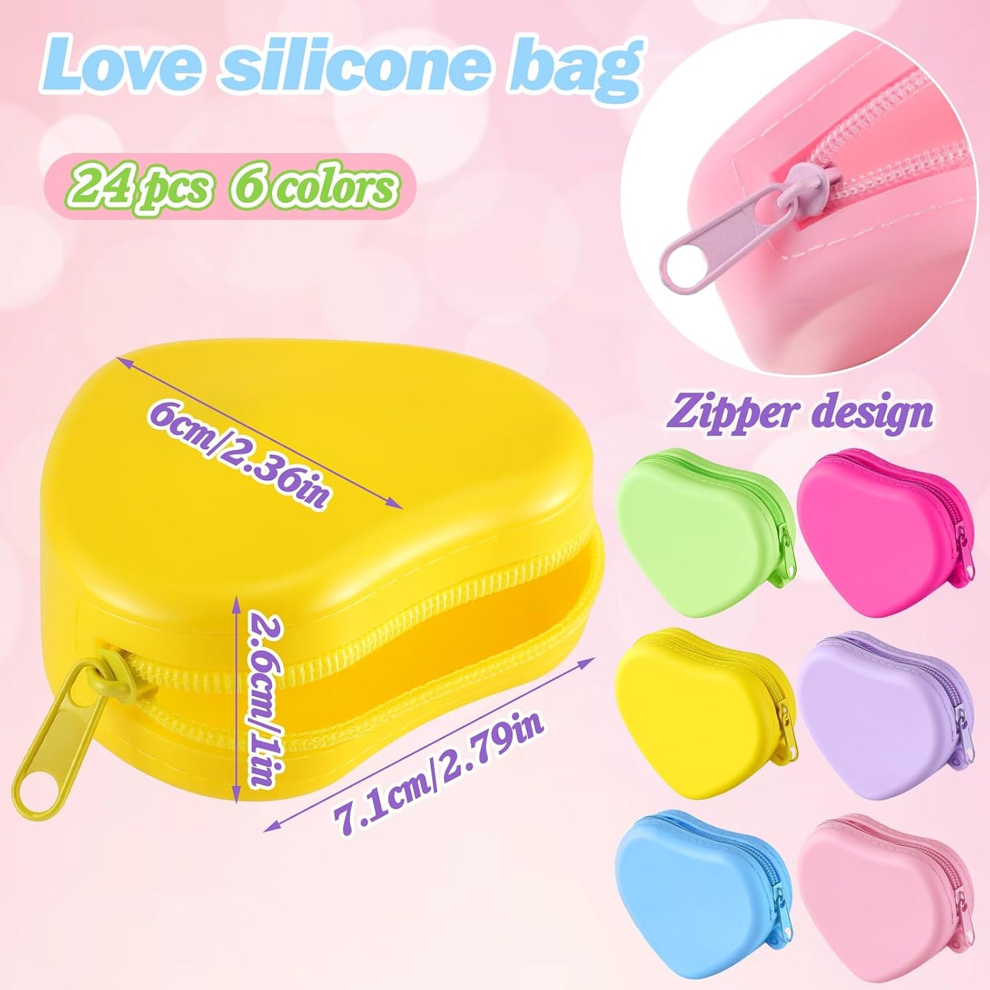 HOT24 Set Heart Shaped Purse Silicone Pouch Heart Coin Purse Small Change Wallet Kawaii Cute Mini Bag with Keychain Zipper Gift for Women Bag Charms Birthday Party Favors Holiday Supplies Gifts