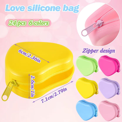 HOT24 Set Heart Shaped Purse Silicone Pouch Heart Coin Purse Small Change Wallet Kawaii Cute Mini Bag with Keychain Zipper Gift for Women Bag Charms Birthday Party Favors Holiday Supplies Gifts
