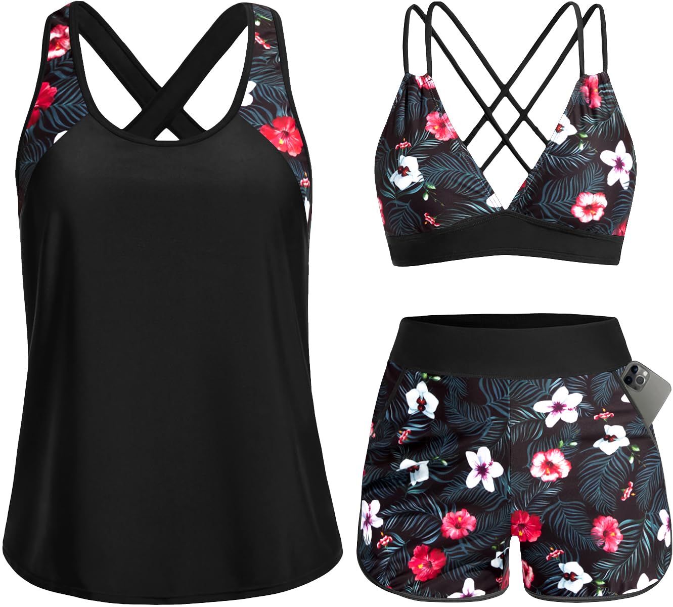 HOTWomen's 3 Piece Tankini Swimsuit Tummy Control with Bra Pocket Boy Shorts | Modest Bathing Suit, Athletic Style, Strappy-Back Support, High-Waist Fit, Built-In Brief, Side Pockets, Beach Swim Days