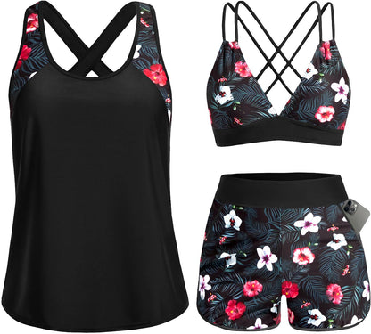 HOTWomen's 3 Piece Tankini Swimsuit Tummy Control with Bra Pocket Boy Shorts | Modest Bathing Suit, Athletic Style, Strappy-Back Support, High-Waist Fit, Built-In Brief, Side Pockets, Beach Swim Days