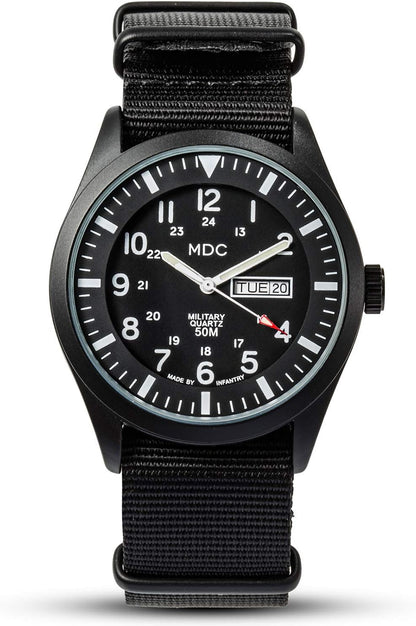 HOTInfantry MDC Mens Military Field Watch, 12/24H Day Date, Waterproof Nylon | Tactical Army Style, Analog Quartz, Stealth and Vietnam Style Options, Band for Outdoor Work Sport