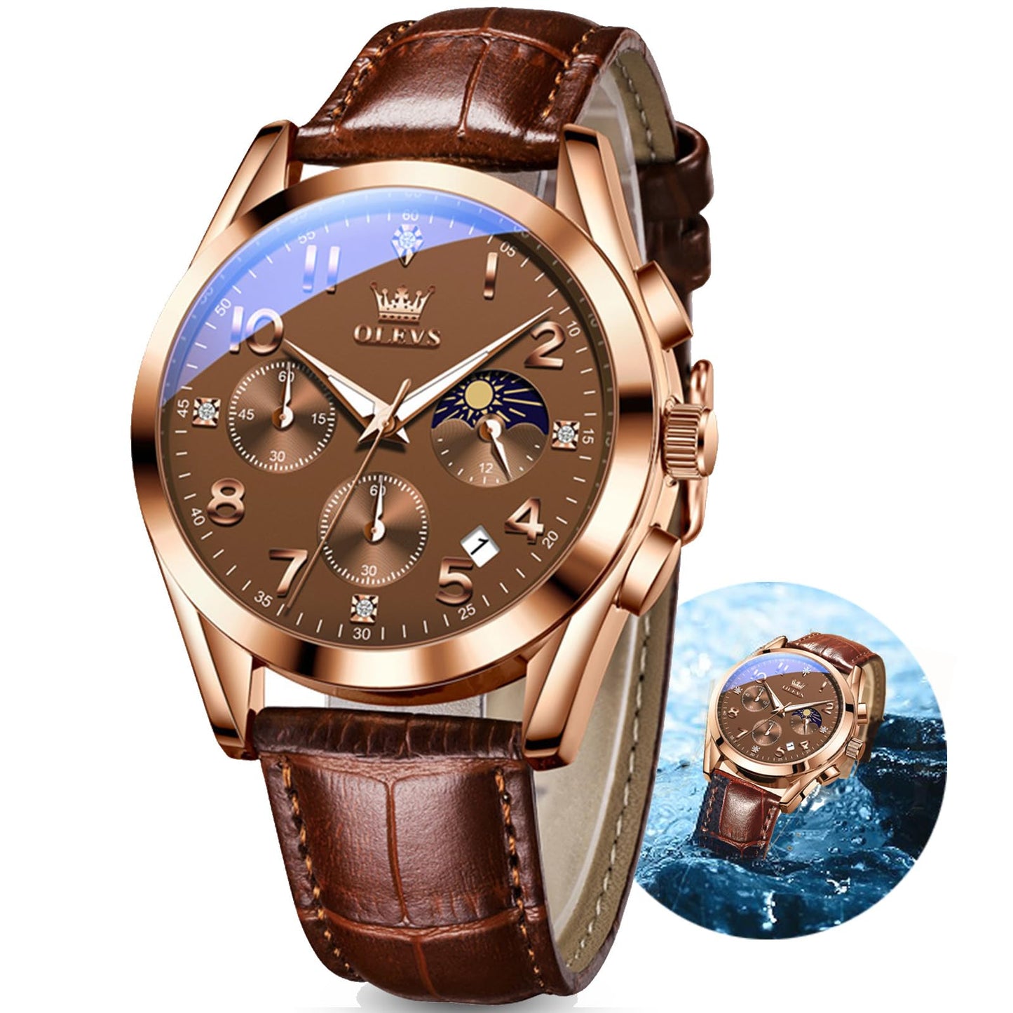 HOTOLEVS Men's Watches Brown Leather with Date,Casual Watches for Men,Large Face Watches Men,Chronograph Mens Watch,Sport Waterproof Business Dress Analog Quartz Men's Wrist Watches Reloj De Hombre