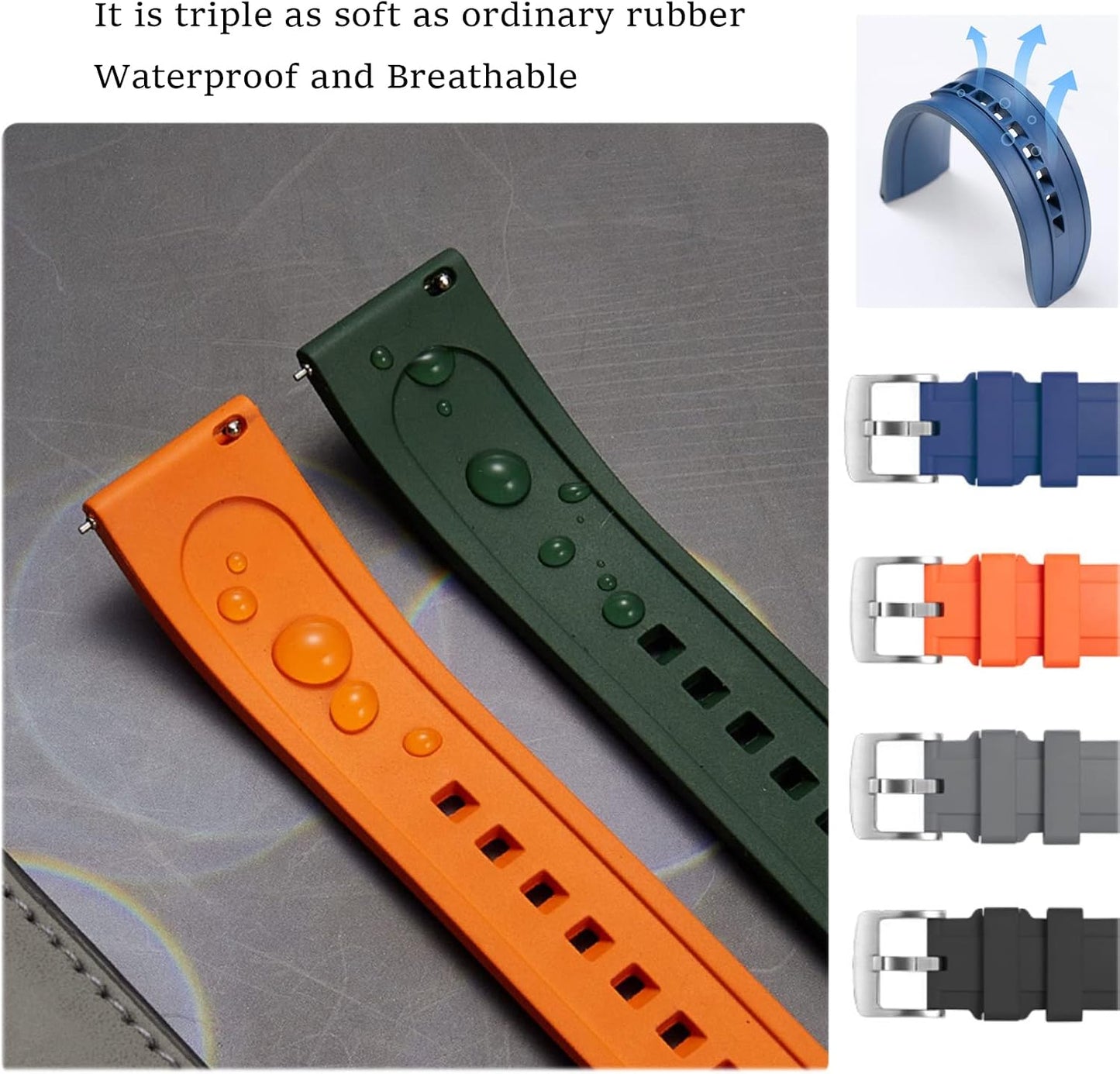 HOTWatch Band Quick Release Fluororubber 19mm 20mm 21mm 22mm Soft Durable Universal FKM Rubber Replacement Band Strap for Men Women